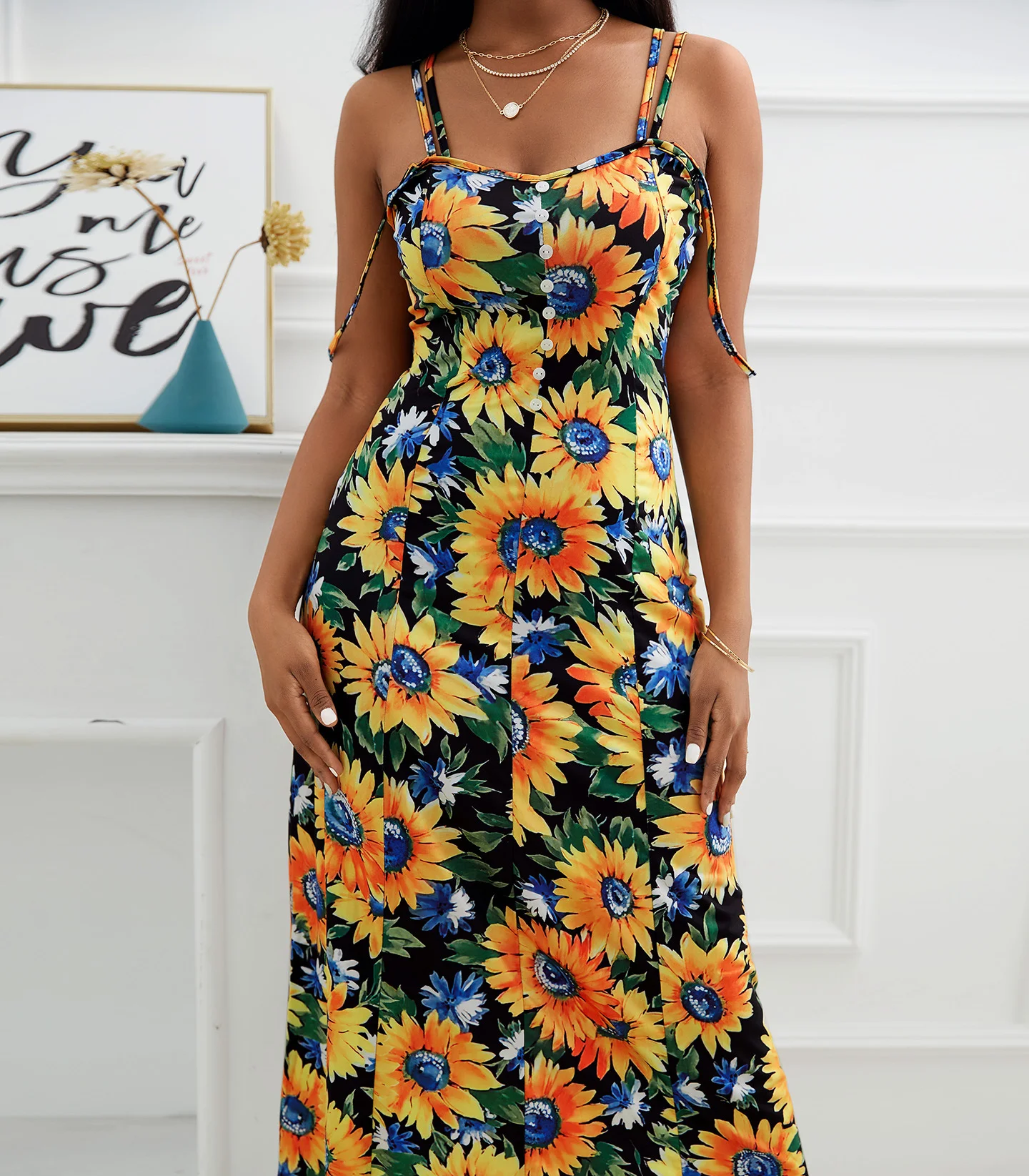 

Women Dress Elegant Spring Summer Stitching Sleeveless Button Sunflower Print Bag Hip Self-cultivation High Waist Long Dress