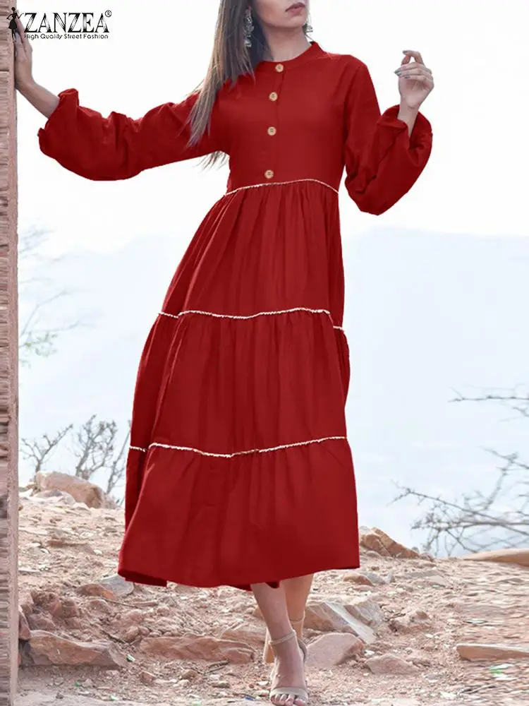 

Oversized ZANZEA Bohemian Women Maxi Dress 2022 Autumn Puff Sleeve Ruffles Vestidos Casual Solid Loose Sundress Robe Longue 1