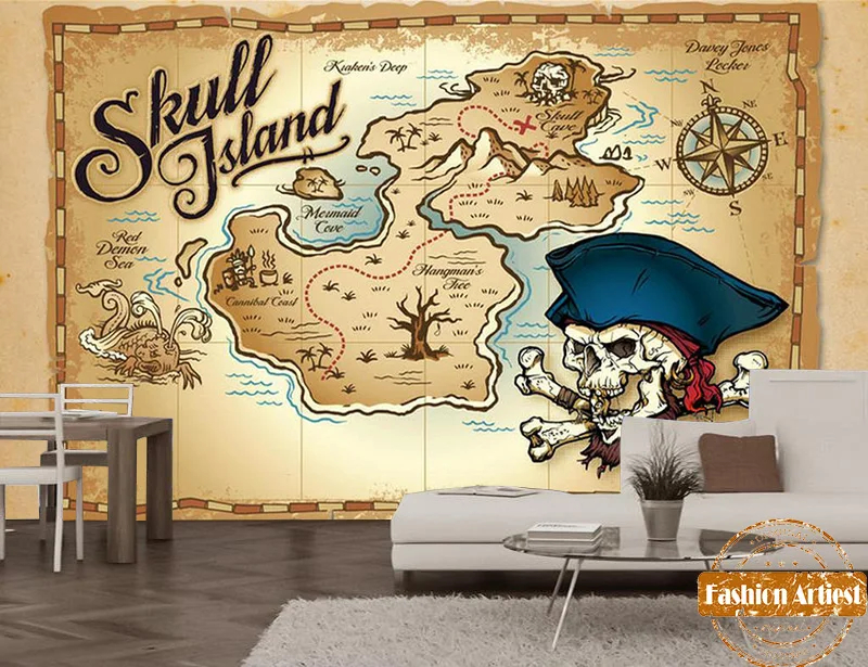 

Custom Vintage Skull Island Cartoon Wallpaper Mural Pirates Treasure Map Tv Sofa Bedroom Living Room Cafe Bar Restaurant