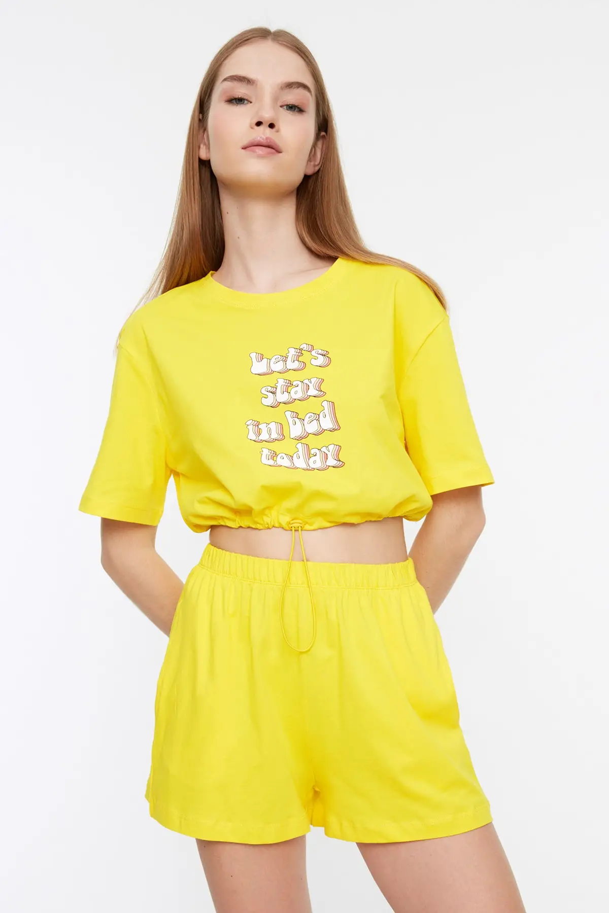 

Women's Pajamas Yellow Slogan Printed Crop Knitted Sleep Lounge Pajamas Nightwear Nightwear Nightwear Casual Home Clothing