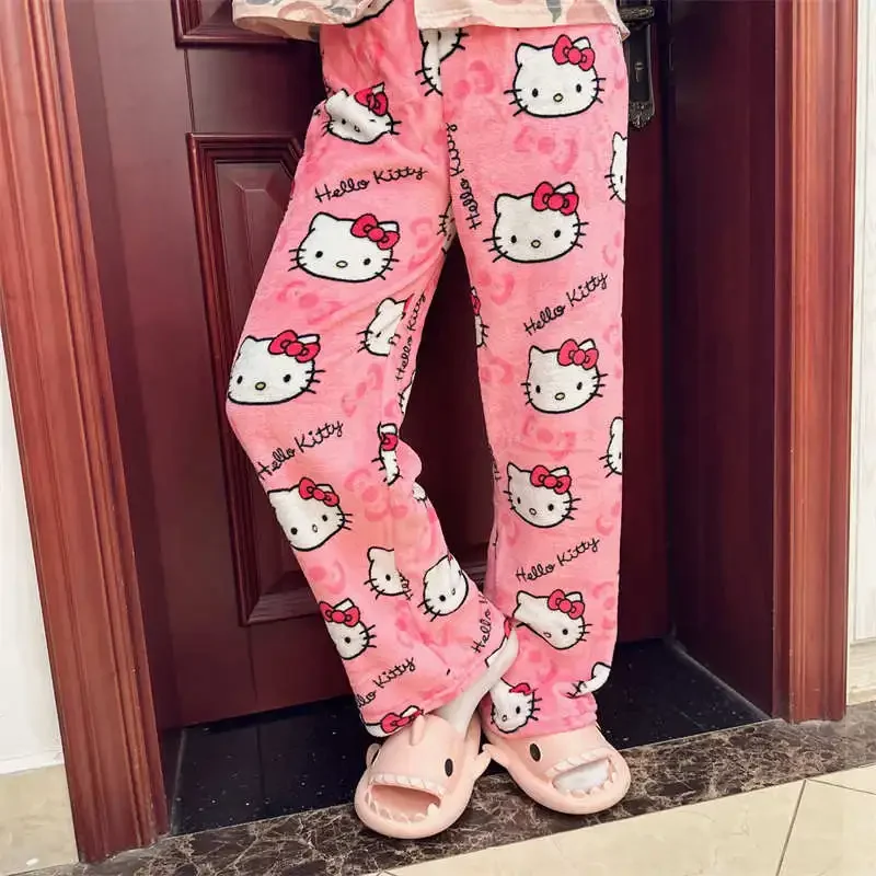 

2023 Sanrio Hello Kitty Pajamas Halloween Flannel Fashion Trouserswomen Kawaii Woolen Anime Cartoon Casual Home Pants Autumn