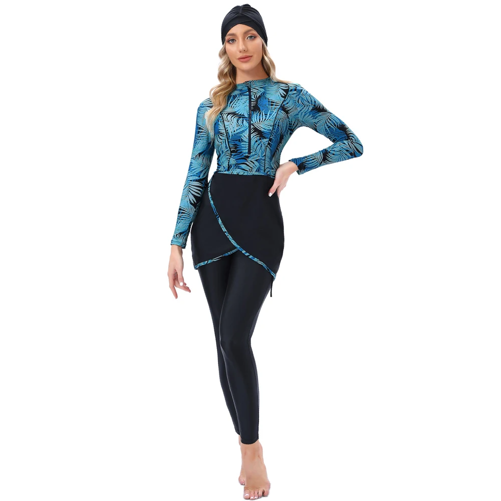 

Women Burkini Islamic Modest Plus Size Muslim Swimwear With Bra Pad Front Black And White Grid Hijab Swimsuit