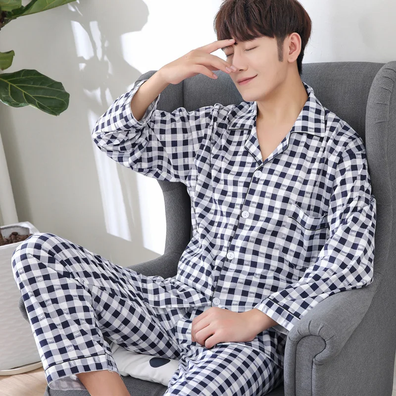 

Spring Check Printed Men's Pajamas Long Sleeve Cotton Youth Middle-aged Cotton Large Size Pajamas Men's Home Service Set