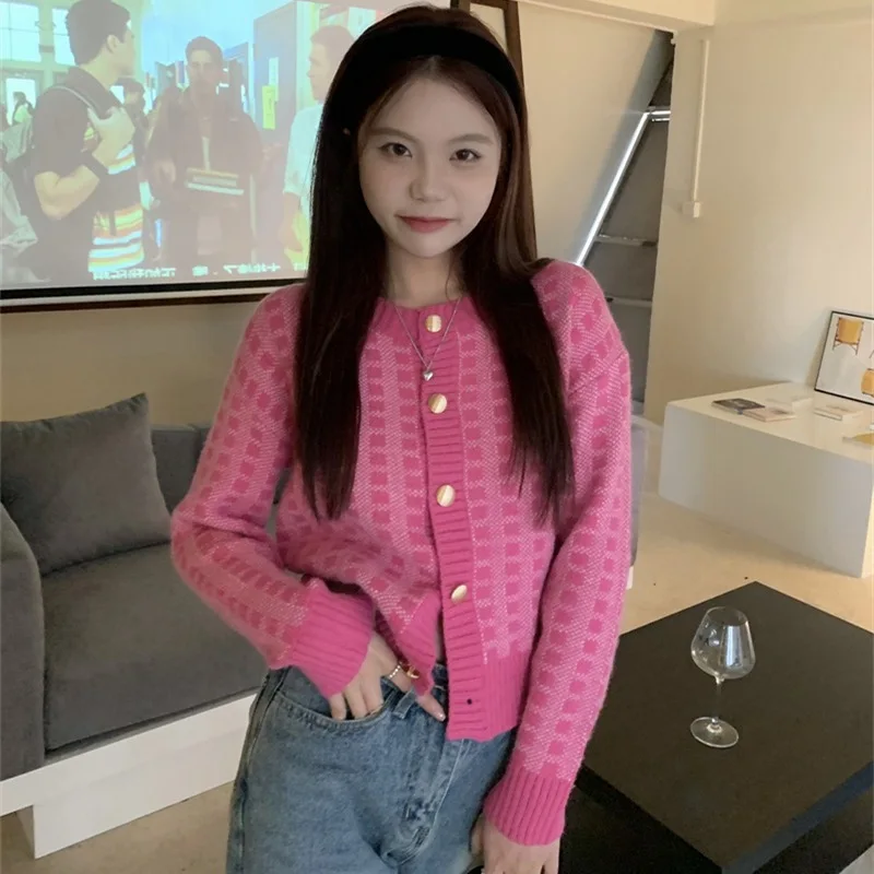 

Checkered Long Sleeve Sweater Women's Coat Spring and Autumn New Korean Soft Short Knitted Cardigan