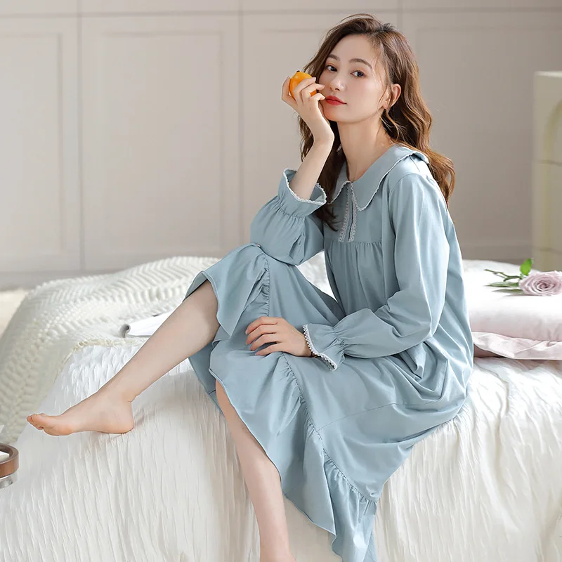 2023 New Long-sleeved Women's Pajama, spring and Autumn Pure Cotton Princess Style Large Nightgown, Home Wear Sleepshirt Summer