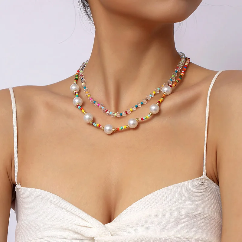 

Korean Simulated Pearls Cute Flowers Colorful Hand-woven Beaded Short Clavicle Chain Choker Necklace For Women Girls Jewelry