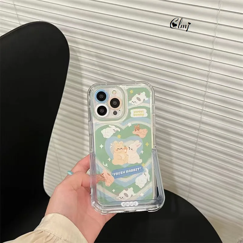 

Clmj Cute Rabbit Heart Phone Case For iPhone 11 12 13 Pro Max 14 Plus Soft Silicone Protective Cover With Invisible Stand Holder
