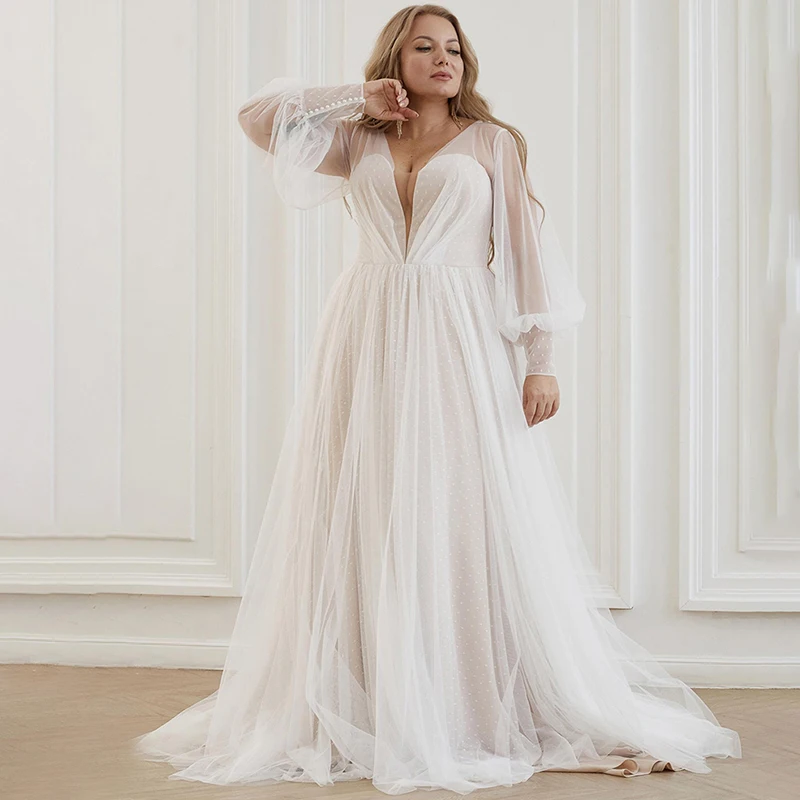 

12551# Illusion Long Puff Sleeve Wedding Dress 2022 Sexy A-Line Deep V-Neck Beading Pearls Bridal Gown Tulle Vestidos De Noiva