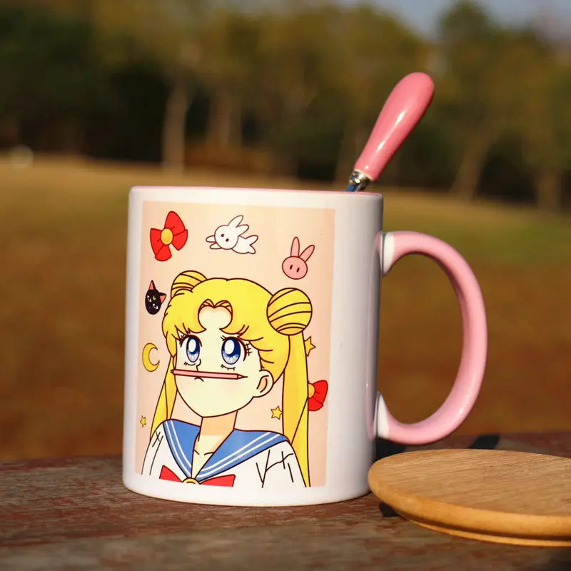 

Sailor Moon Mug 350ml Crystal Ceramic Coffee Bottle Creative Cartoon Printed Porcelain Cup With Cover And Spoon For Girls Gift