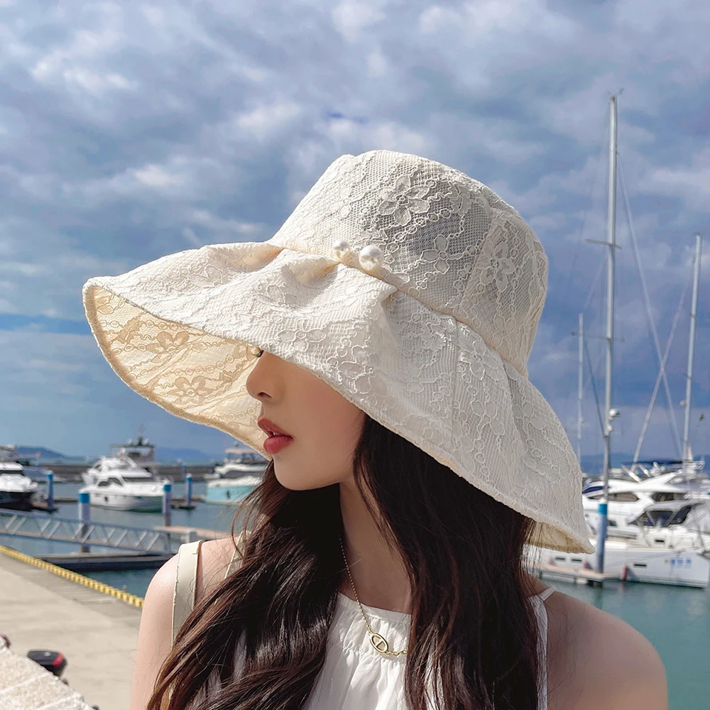 Fisherman's Hat Black Bucket Hat Women Summer Floral Lace Beach Hat Holiday Pearl Sun Visor Wide Brim Floppy Hat Girl Cap