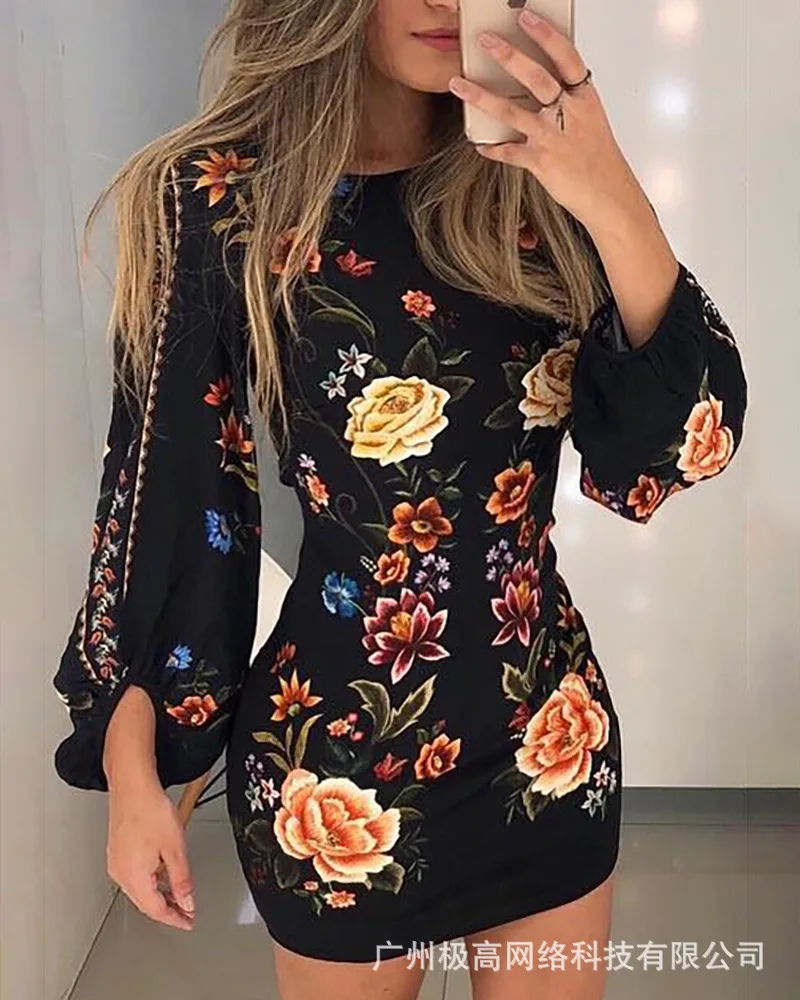 

Women's Sexy Hollow Out Back Bishop Dress 2022 Spring Summer Cuffs Floral Print Vacation Loose Lantern Sleeve Dress