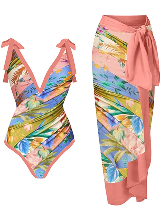 

2023 Women Swimwear 2PC Cover-up Swimsuit Ruffle Solid Printed Deep V One-piece Monokini Kimono Bikini Suit Summer Beachwear