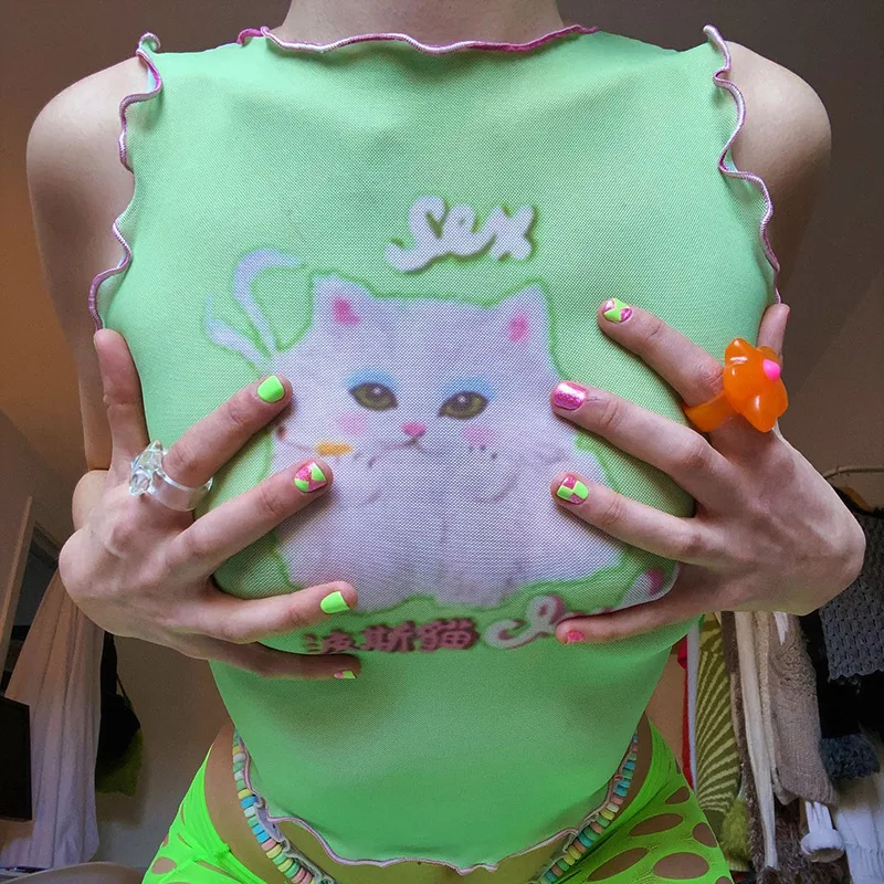

Y2K Cat Print Sleeveless Green Mesh Tank Tops 2000s Kawaii Streetwear Cute Retro O-neck Patchwork Lettuce Trims Vest