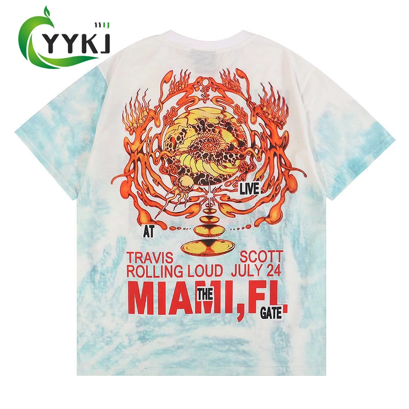 

2022 Trendy Tie-dye Rap Short Ssleeved men's and women's High Street Oversized T-shirt Bottoming Shirt Half Sleeve y2k