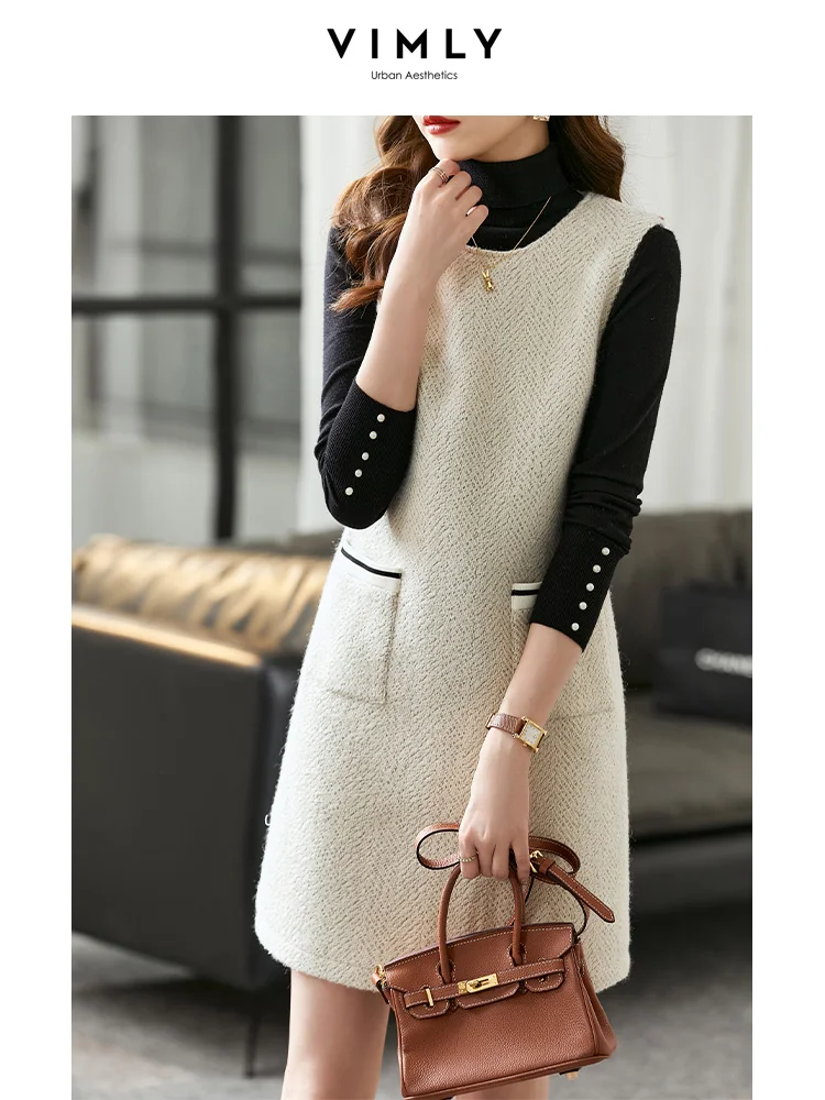 Vimly Sleeveless Dress for Women 2022 Winter Fashion French Style Solid Elegant and Chic Large Pocket Design Vestidos V6785