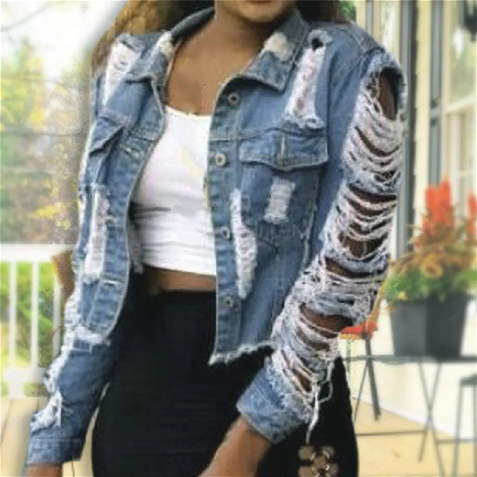 

Thick Zip up Jacket Women Ladies Vintage Denim Lapel Button Down Pocket Distressed Hole Crop Jean Jacket Coat