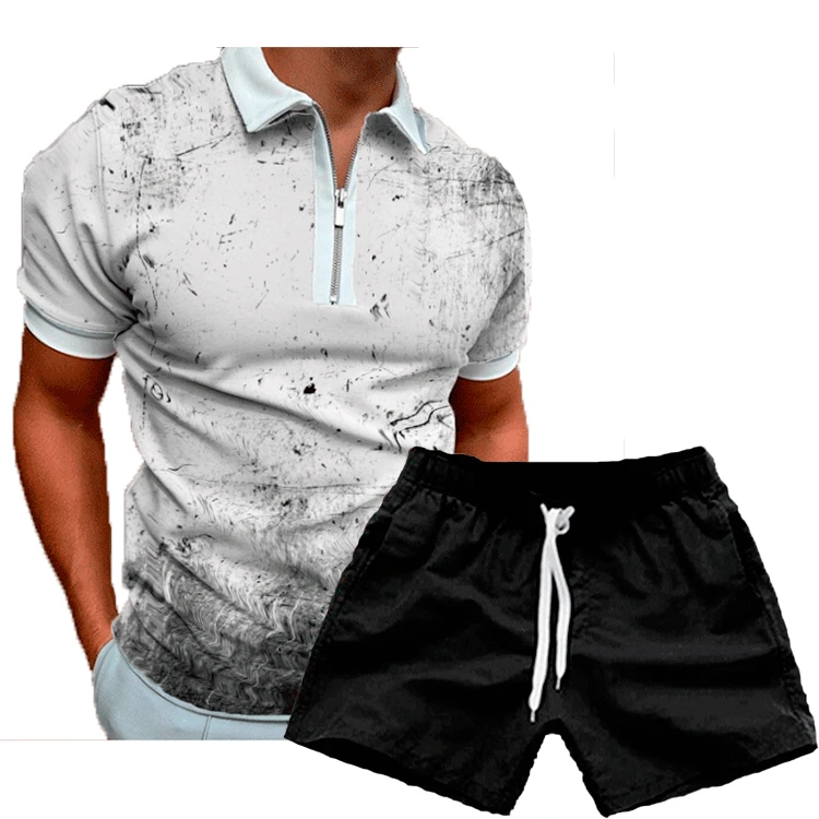 2023 summer new mens Camouflage short-sleeved T-shirt+shorts 2-piece suit lapel slim polo shirt Men's Sets Asian size