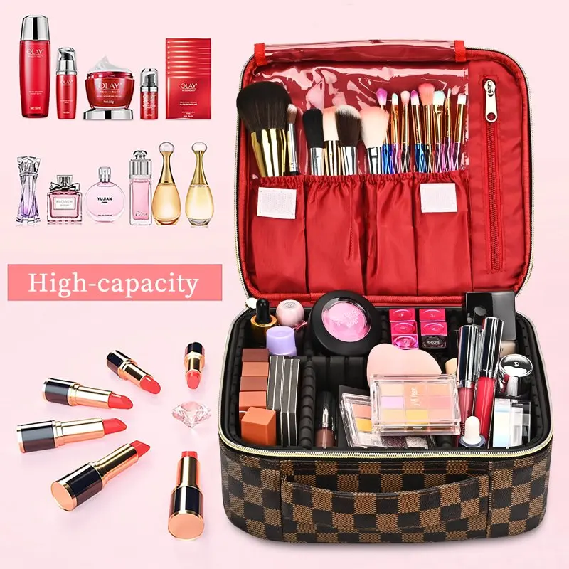 Makeup Bag for Women, Checkered Cosmetic Case, Travel Cosmetic Organizer with Adjustable Dividers, Red