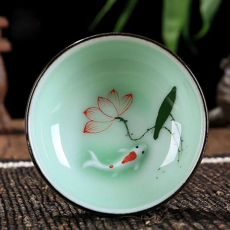 

60ml High Quality Celadon Chinese Kung Fu Tea Set Round Flat Lotus Carp Pu'er Tea Cups Hand-painted Ceramic Single Carp Teacup