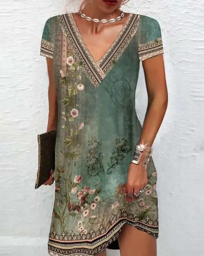 

Vintage Women's Dresses Summer 2023 Women Fashion Floral Tribal Print Cold Shoulder Casual Dress New Female Vestido Clothing