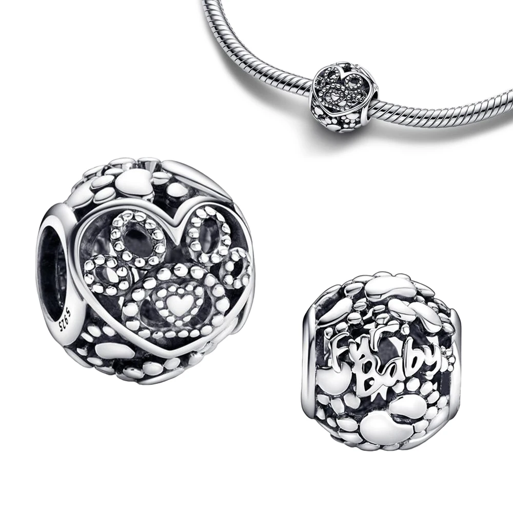 

Шарм-бусина из серебра 925 пробы с принтом «сердечки и лапы»