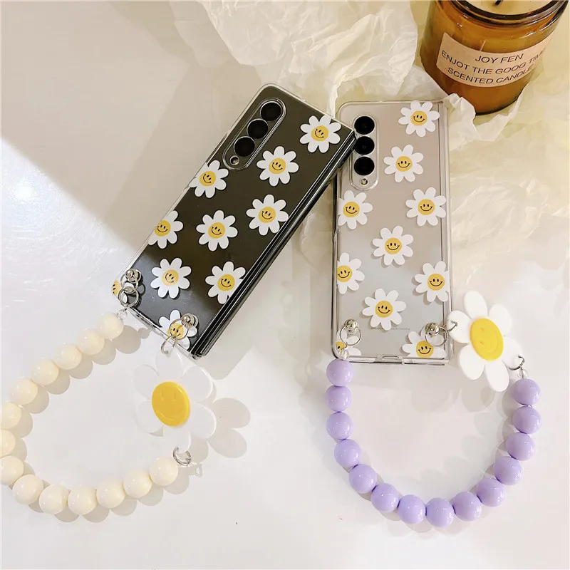

Fashion Sunflower Pearl Bracelet Phone Cases For Samsung Galaxy Z Fold 3 5G Hard Plastic PC Back Cover Case For Samsung Z Fold3
