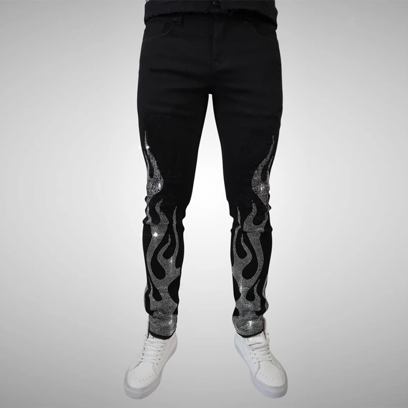 Men's Stretchy Black Jeans Skinny Hot Drill Punk Streetwear Biker Pants Rhinestone Hole Slim Fit Denim Pencil Trousers For Man