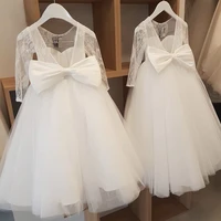tulle lace applique baby communion dress scoop satin bow flower girl dresses long lace sleeves ball gown dresses