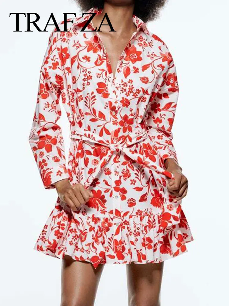 

TRAF ZA Elegant Red White Floral Print Short Lady Dress Slim Belt Waist Shirt Collar Long Sleeve Single Breasted Women Dress