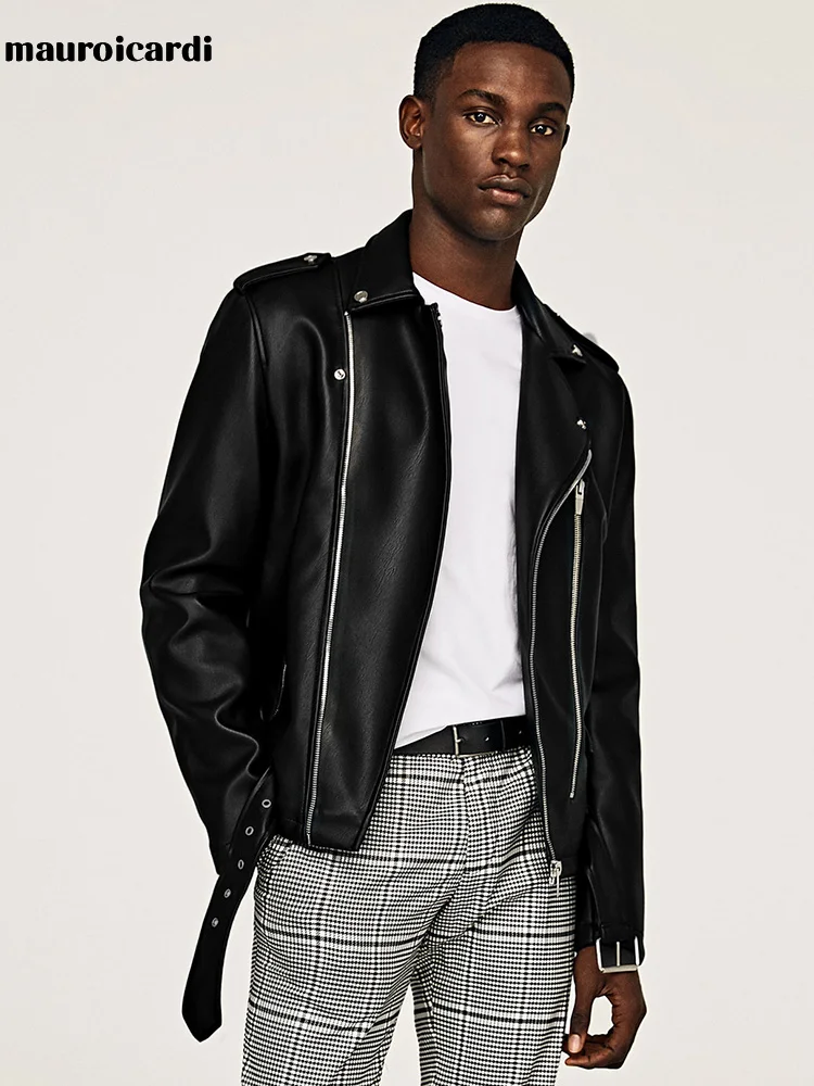 

Mauroicardi Spring Short Black Leather Biker Motorcycle Jacket for Men Style Belt Long Sleeve Light Soft Faux Leather Jackets