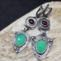 large oval green stone dangle earrings for women tibetan silver color red rhinestone geometric water drop earring jewelry