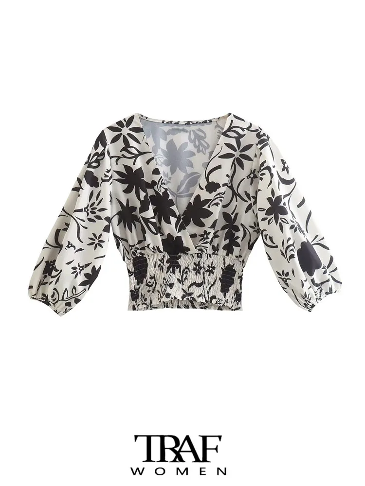 

Женская льняная рубашка с цветочным принтом, V-образным вырезом и рукавами-фонариками