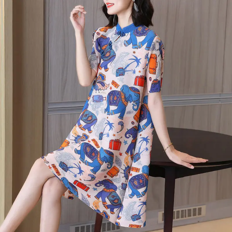 

Literary cartoon cheongsam Chinese dress fashion printing short-sleeved age-reducing loose and thin short sleeve dress female