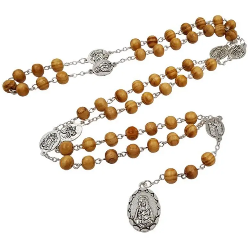 

QIGO Brown Wood Rosary Neckalce For Men Women Religious Prayer Jewelry