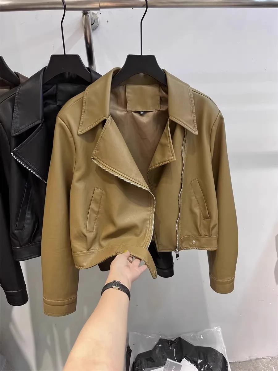 Черное короткое кожаное пальто Верхняя одежда Женская весна и осень Новая