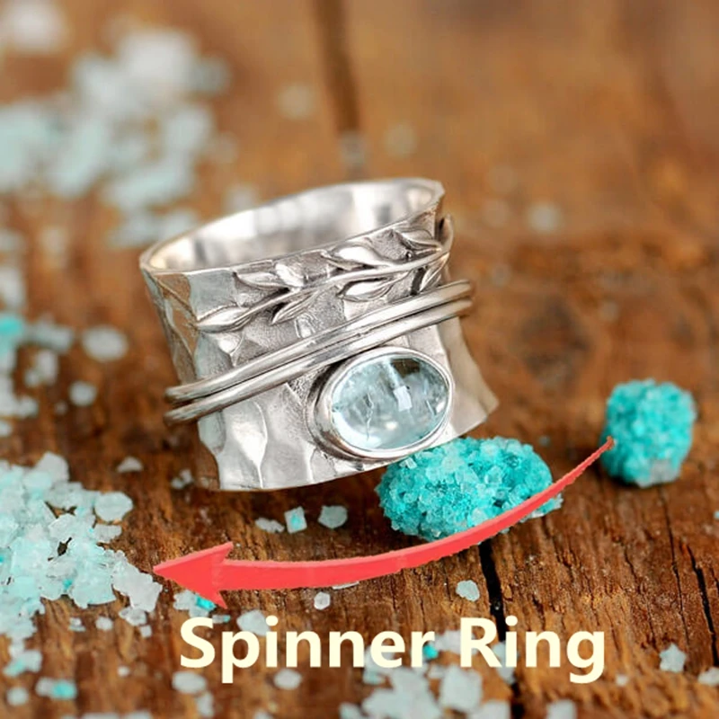 

Boho Vintage Leaf Crystal Rotatable Rings for Women Anti Stress Fidget Anxiety Relief Spinner Rings Fashion Jewelry Whole Sale