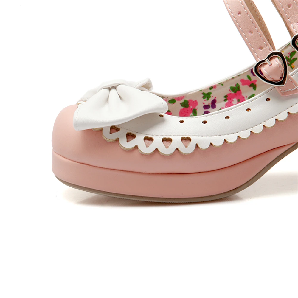 2021 New Spring Autumn Women Pumps Lolita Shoes Platform High Heels Pink Mary Jane Shoes Bow Block Heel Ladies Party Shoes 33-43