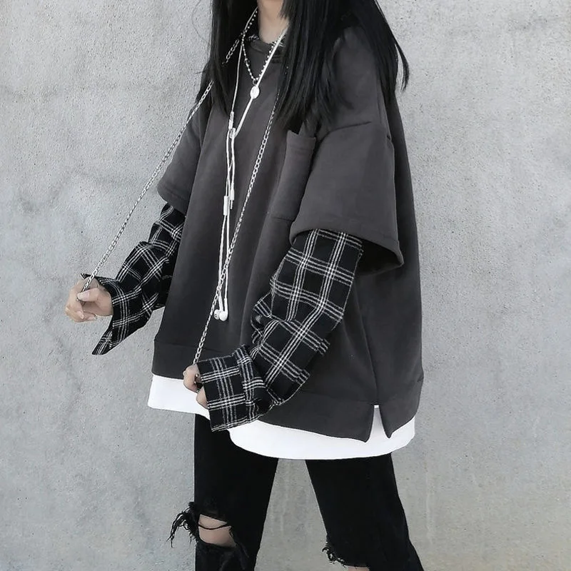 2021 Korean Fashion Hoodie Striped Sweatshirt For Women Black Gothic Style Hoodies Pantsuits Sweatshirts Grunge Plaid Pullovers