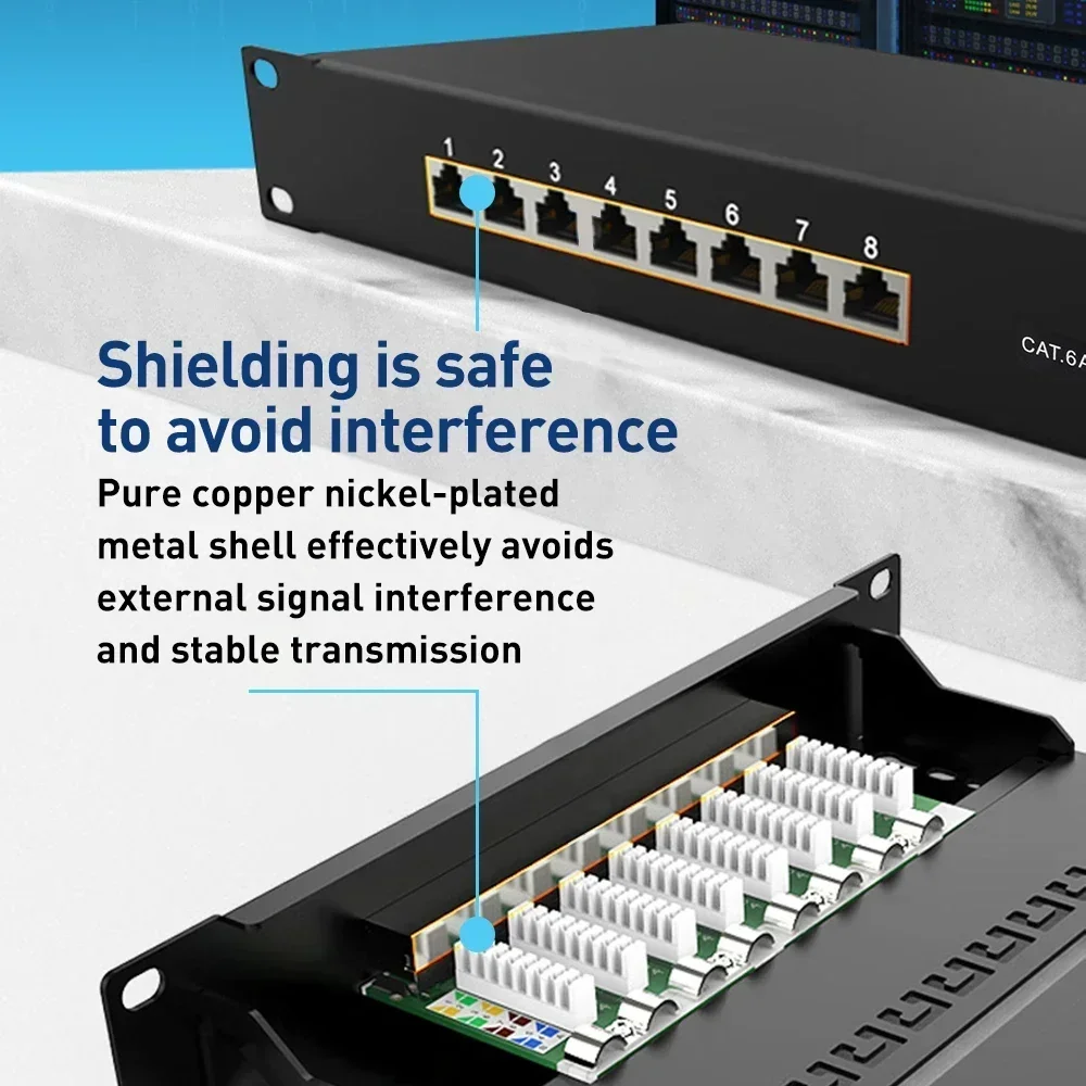 Фото ZOERAX CAT6a 8-портовая патч-панель, экранированная металлическая сетевая панель 10 Гбит/с, стойка 1U/настенное крепление, совместимая с кабелями CAT5e/6/6a/7 №3