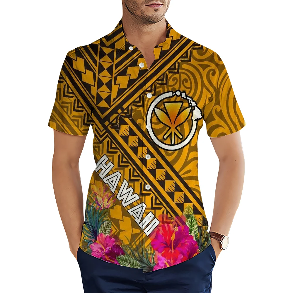 

CLOOCL Men Shirts Hawaii with Hibiscus on Polynesian 3D Patterns Printed Blouses Summer Short Sleeve Male Shirt Casual Tops