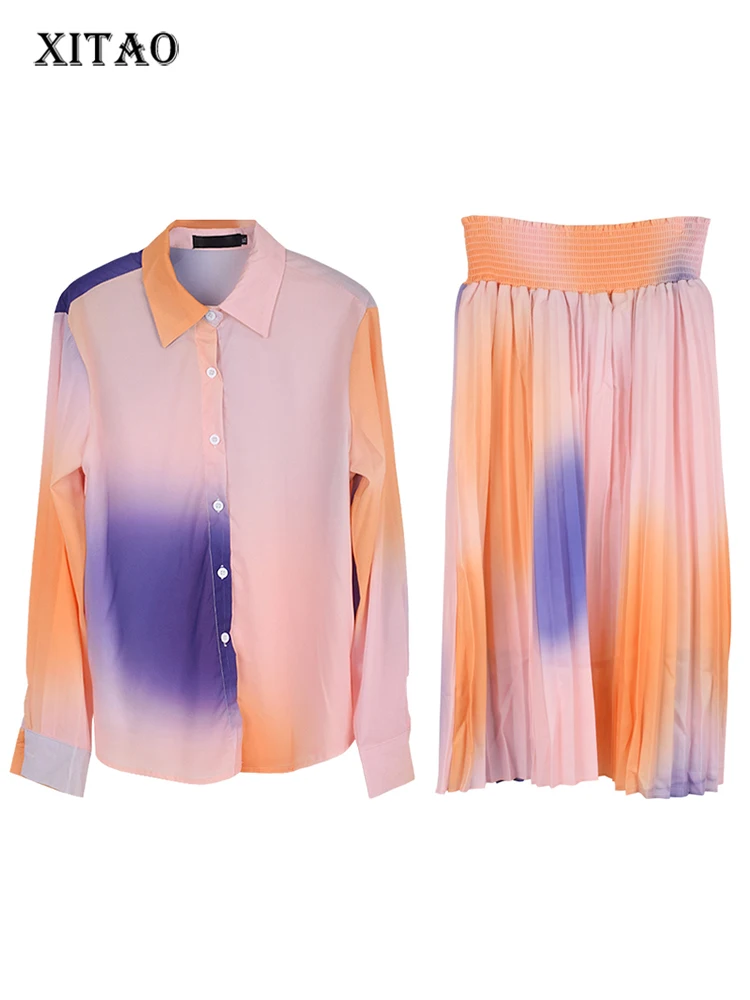 

XITAO Fashion Tie Dye Dress Sets Simplicity Turn-down Collar All-match Shirt Folds Elastic High Waist New Arrival Women WS2125