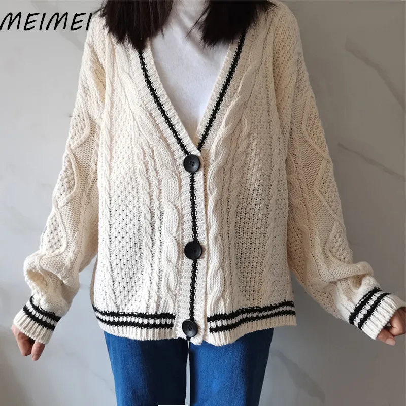 

Women V Neck Stars Embroidered Letter Single Breasted Cardigan Beige Casual Loose Fit Sweater Y2k Knitted Cardigans Streetwear