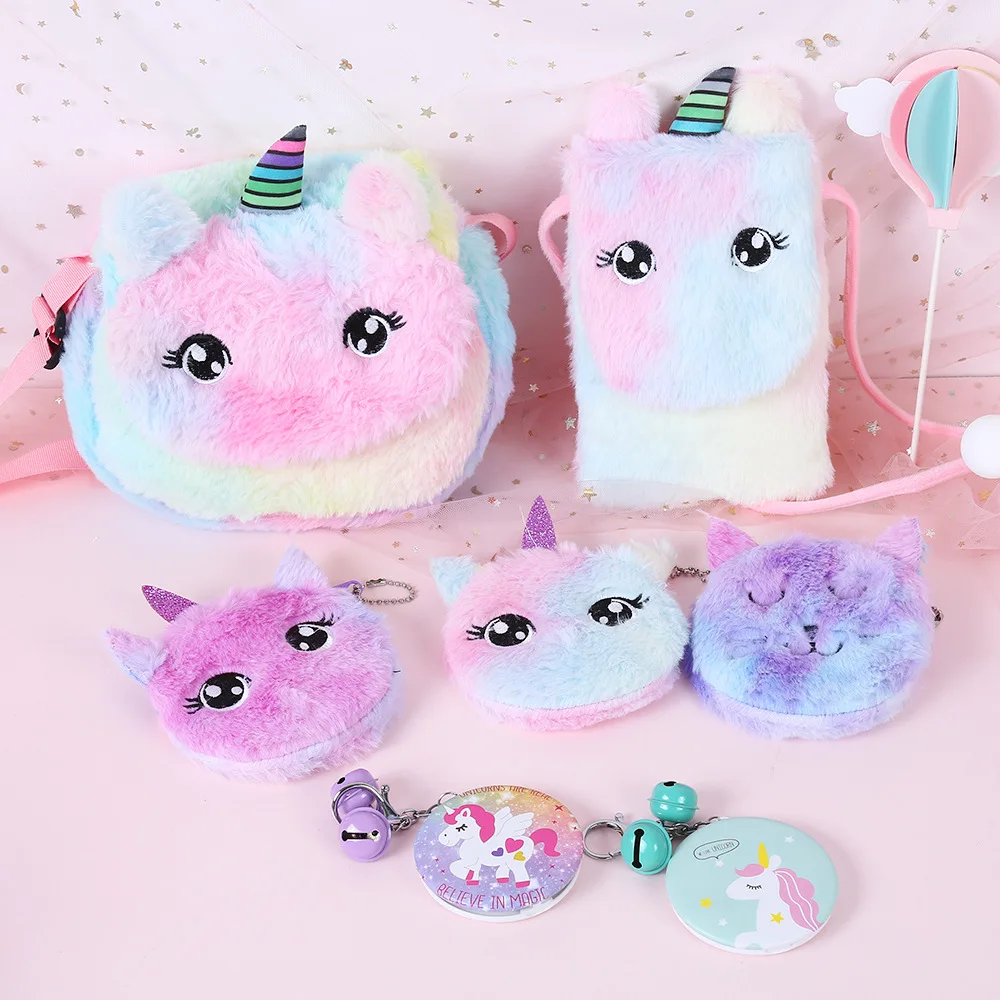 

Unicorn Plush Shoulder Bag Cute Cartoon with Zipper Magnetic Buckle for Children Girls Keys Coin Change Mini Messenger Bag New