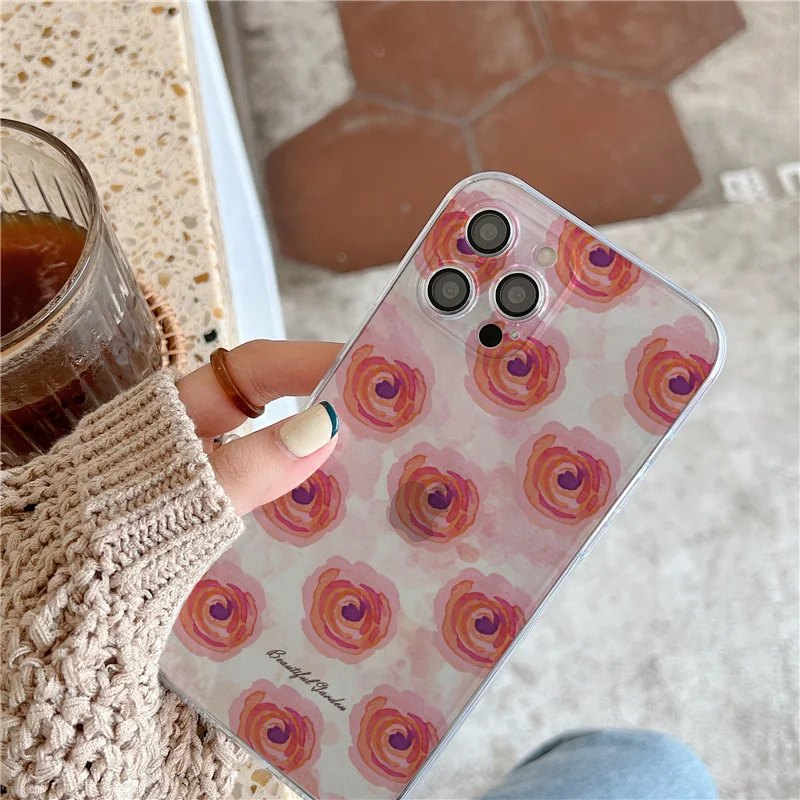 

INS Cute Pink Watercolor Flower Clear Phone Case For iPhone XR X XS Max 13 12 11 Pro Max Mini 7 8 Plus SE 2020 Transparent Cover