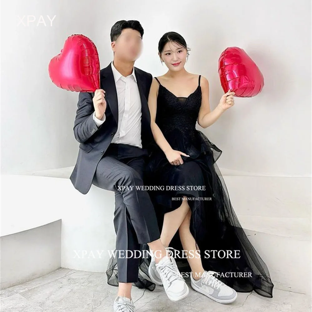 Черные корейские вечерние платья XPAY на бретелях-спагетти платье с V-образным