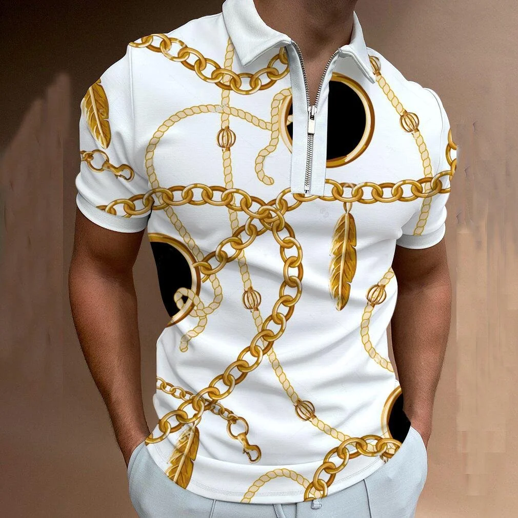 High Quality Zipper Polo Shirt Lapel Casual Short Sleeve Men Print Metal Chain Men Shirt S-3XL