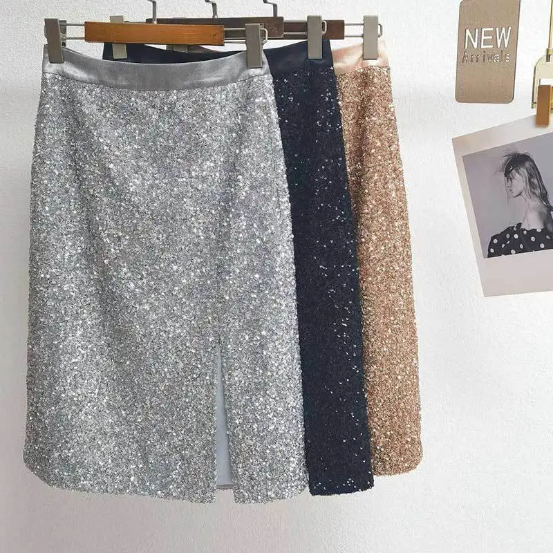 

23SS New Retro New Sequin Skirt Fashion Runway High Waist Side Slit Bag Hip Skirts Simple Chic Women Top Quality Clothes 3Color