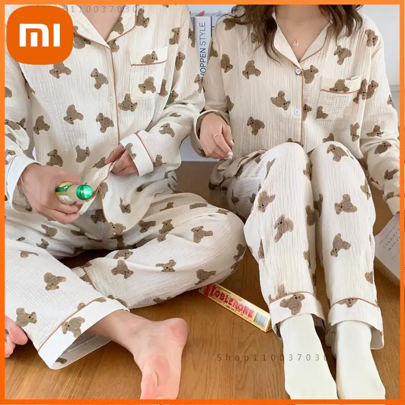 

Хлопковая женская пижама Xiaomi, кавайная одежда для сна с принтом медведя, одежда для сна для пар, милая Пижама с мультяшным принтом, комплект ...