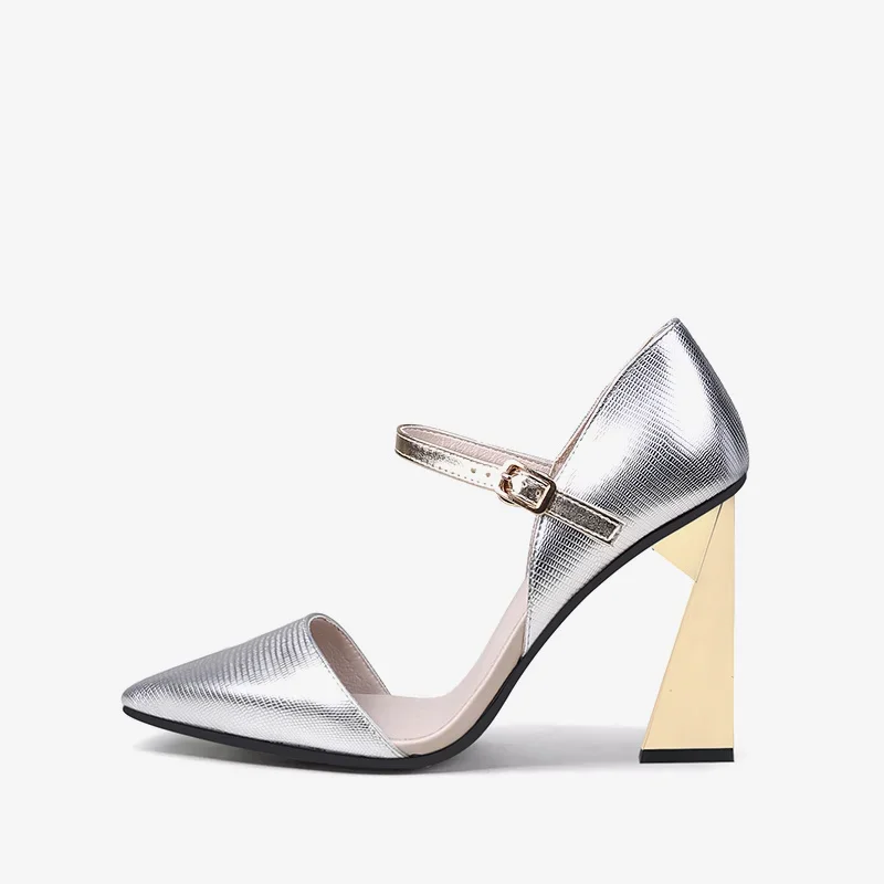 Серебряный ремешок с пряжкой 9 см очень высокий каблук специальной формы острый