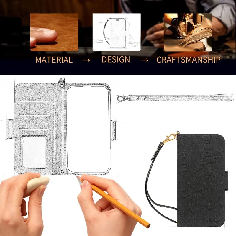 Wallet Case ,[RFID Blocking][Kickstand Function] Handmade Flip Folio Wallet Case with Card Slots and Detachable Hand Strap for i